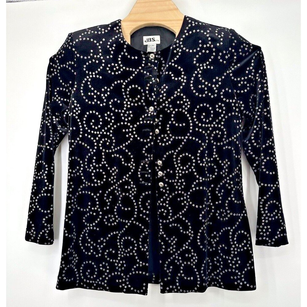 J.B.S. Ltd. Vintage women's L lined‎ tunic jacket black velvet  floral metallic